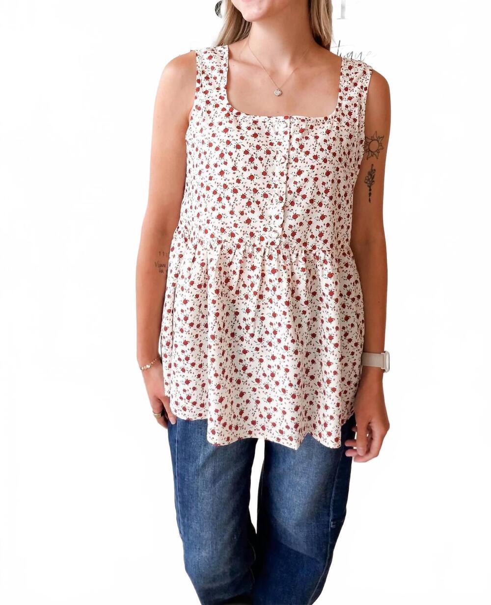 NEW DOE AND RAE trisha babydoll tunic tank top in ivory red